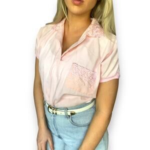 Vintage Baby Pink Pastel Barbie 50s Inspired Grease Retro Cropped Cuffed Blouse